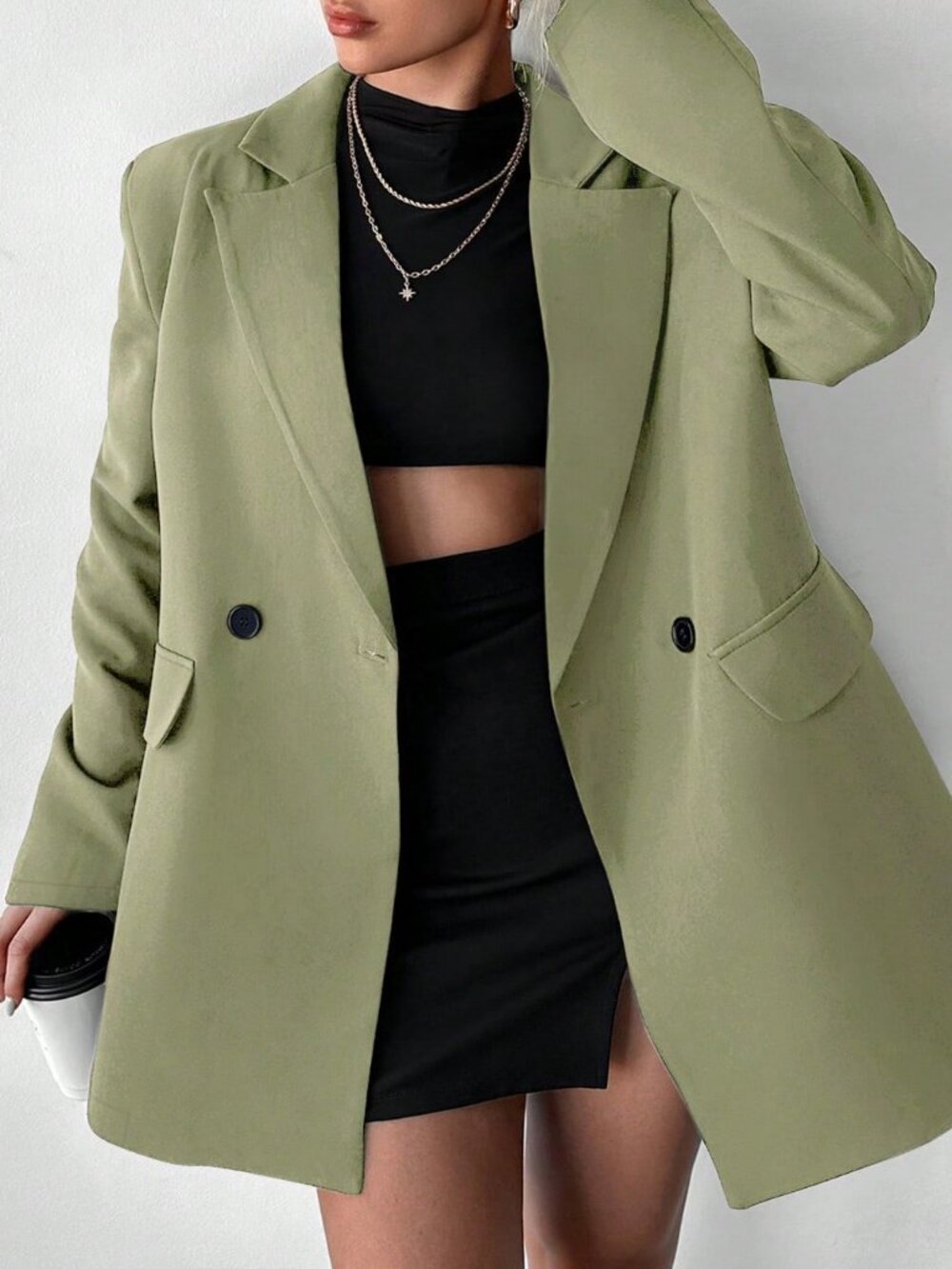 Army Green Casual Women's Oversized Padded Double-Breasted Blazer - Picture 4 of 5